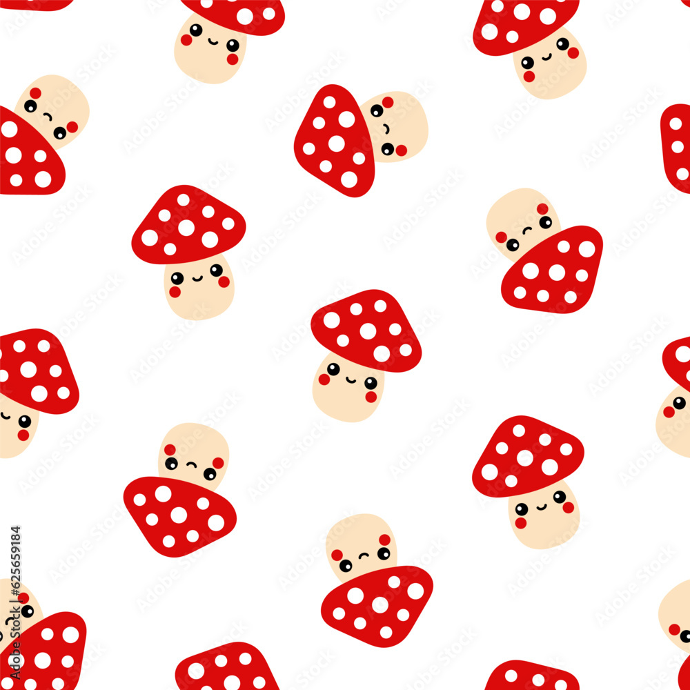 Seamless vector mushroom pattern. Cute cartoon forest mushroms, fly agaric, amanita muscaria pattern. Perfect for wrapping paper, fabric, clothing, wallpaper, background, scrapbooking and more. Seamless vector mushroom pattern. Cute cartoon forest mushroms, fly agaric, amanita muscaria pattern. Perfect for wrapping paper, fabric, clothing, wallpaper, background, scrapbooking and more.