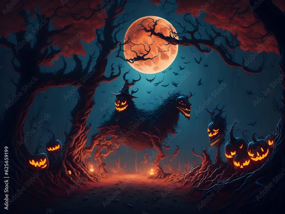 AI generative, a creepy Halloween forest with gnarled trees and glowing pumpkins, as sinister witches ride through the night on their broomsticks under the red light of the full moon