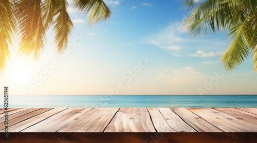 Sea view  palm trees  sunset  wooden pier in the foreground  generative ai