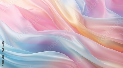 Abstract pastel blowing silk fabric. Gusting delicate scarves. Iridescent curtains billowing in the wind. Wallpaper background, Generative Ai
