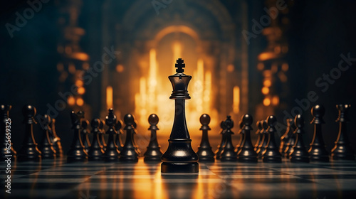 Fotografia Black king winner surrounded with black gold chess pieces on chess board game competition