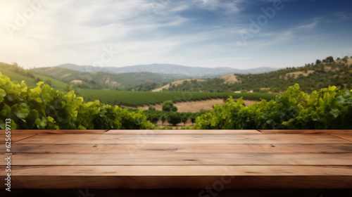 Empty wood table top with on blurred vineyard landscape background, for display or montage your products. Agriculture winery and wine tasting concept. digital ai art, Generative Ai © oldwar