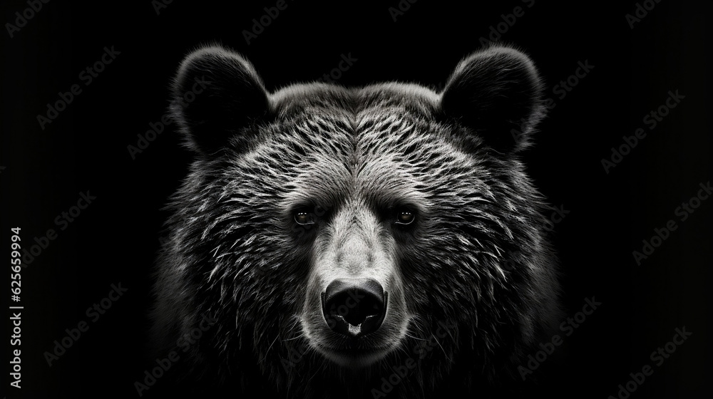 Front view of brown bear isolated on black background. Black and white portrait of Kamchatka bear. Predator series. digital art, Generative Ai