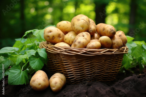 Wicker basket full of potatoes on green leaves background