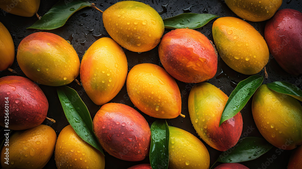 Heap of ripe mangos with leaves, waterdrops