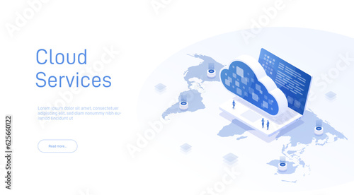 Cloud technology and networking isometric concept. Hosting servers or datacenter background. Cloud storage download isometric vector illustration. Cloud data storage 3d isometric illustration