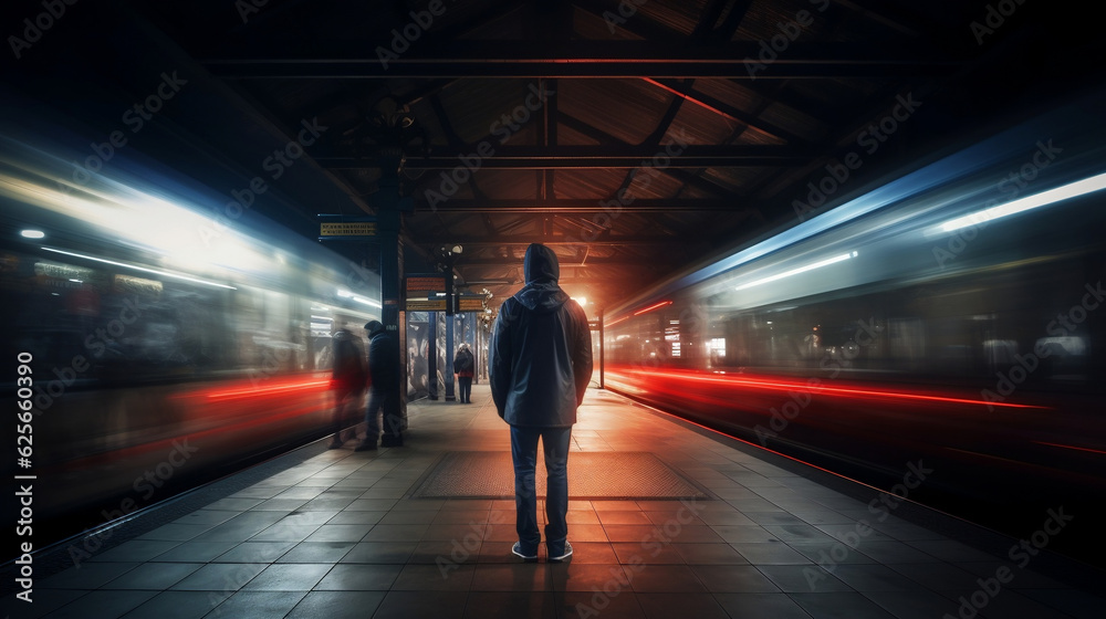 Long exposure picture with lonely young man shot from behind at subway station with blurry moving train and walking people in background, digital art, Generative Ai