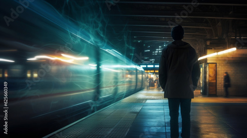Long exposure picture with lonely young man shot from behind at subway station with blurry moving train and walking people in background, digital art, Generative Ai