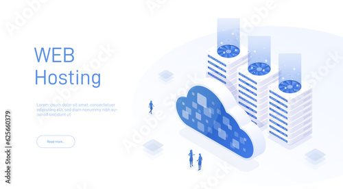 Web hosting concept, data transfer. Online computing technology. Online computing storage 3D isometry. Data center, concept of cloud storage. Cloud data storage 3d illustration