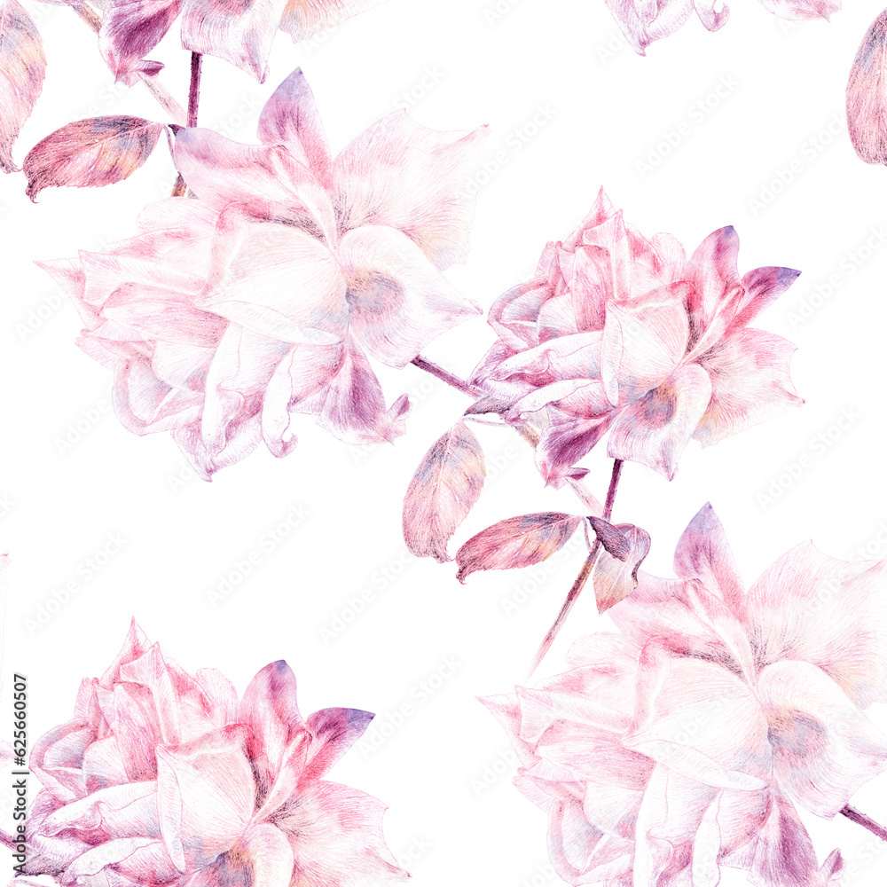 Roses - flowers and leaves. Watercolor. Seamless pattern. Wallpaper. Use printed materials, signs, posters, postcards, packaging.