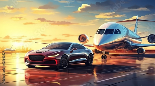 Luxury car and private jet on the runway. Business class service at the airport. Business class shuttle service. Airport transfer. digital ai art, Generative Ai