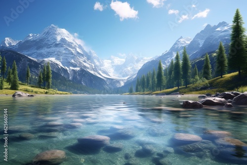 Photography of alpine landscapes with crystal clear lake, Generative AI