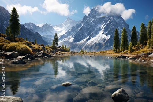 Photography of alpine landscapes with crystal clear lake, Generative AI