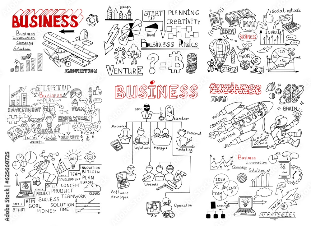 MEGA set of Business doodles icons: computer, media, social network, web, communication, mobile; Graph, diagram, approximation, statistics; team, idea, plan, goods. Vector hand drawing illustration.