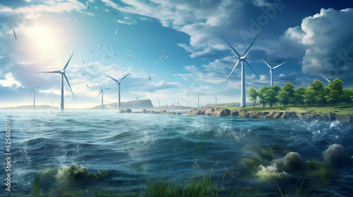 Offshore and onshore windmill park ,Windmill farm green energy at sea,Windmill turbines by the ocean, Generative Ai
