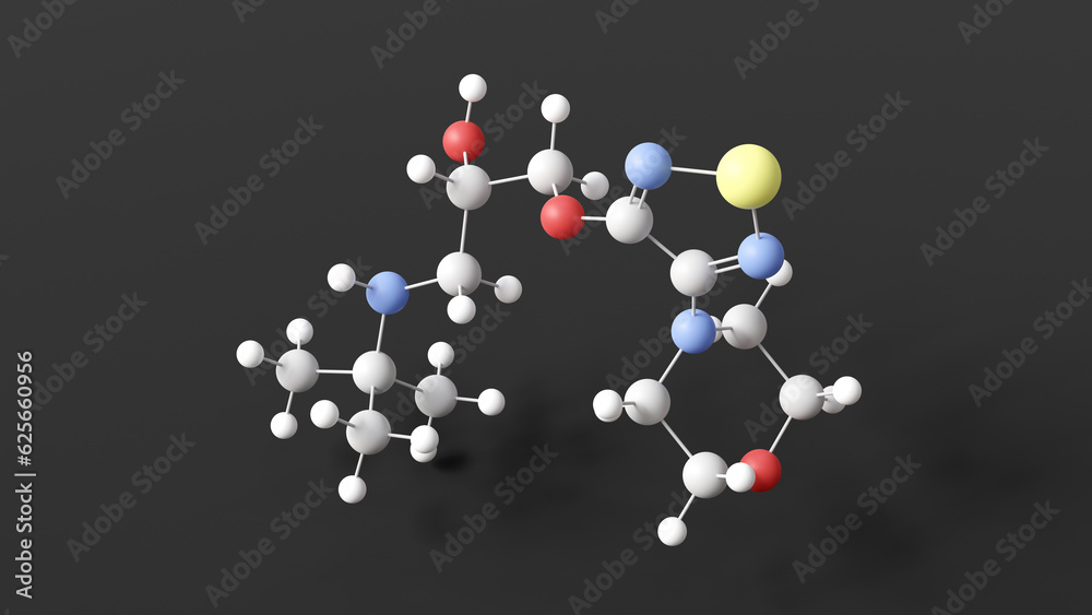 timolol molecule, molecular structure, non-cardioselective beta blockers, ball and stick 3d model, structural chemical formula with colored atoms timolol molecule, molecular structure, non-cardioselective beta blockers, ball and stick 3d model, structural chemical formula with colored atoms