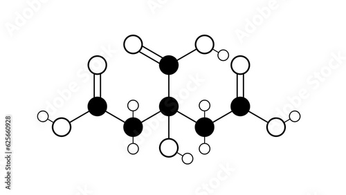 citric acid molecule, structural chemical formula, ball-and-stick model, isolated image colorless weak organic acid