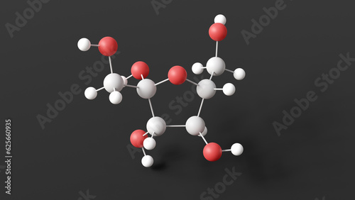 fructose molecule, molecular structure, beta-d-fructofuranose, ball and stick 3d model, structural chemical formula with colored atoms