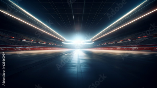 Race Track Arena with Spotlights. Empty Racing track with grandstands, shooting in the middle of the racing track and starting point. 3d render, Generative Ai