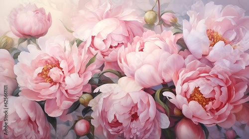 Fototapeta Naklejka Na Ścianę i Meble -  Beautiful Pink Peonies on sage green background. Peonies. Pink. Background. Close-up. Wallpaper, Art, Print, Cards for Lifestyle Blogs / Magazines, Spring. Generative AI.	