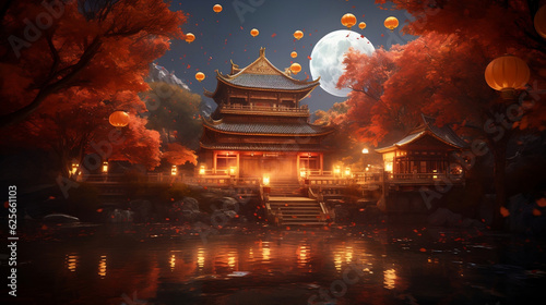 Traditional Chinese Buddhist Temple illuminated, Generative Ai