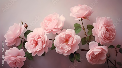 Beautiful English Roses on pale pink background. English Rose. Pale Pink Background. Close-up. Wallpaper, Art, Print, Cards for Lifestyle Blogs / Magazines, Spring. Generative AI.  © The Synthetic Studio