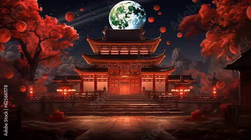 Traditional Chinese Buddhist Temple illuminated, Generative Ai photo