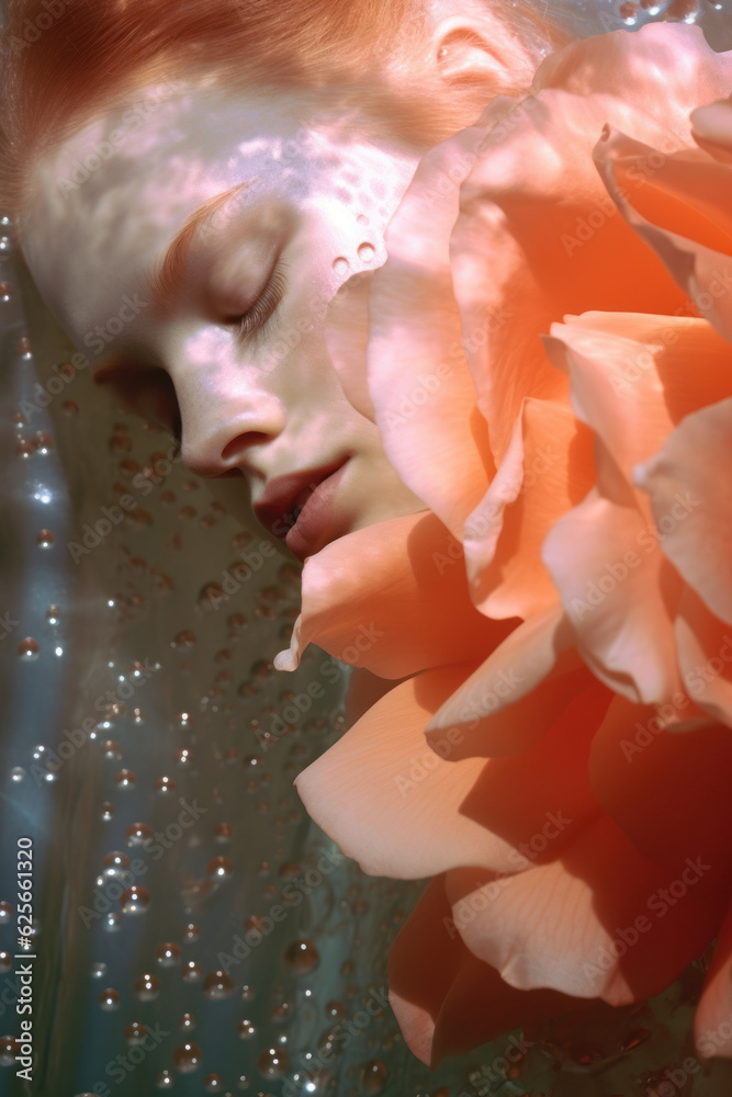 portrait of a woman/model/book character surrounded by flowers in daylight with a thoughtful expression in a fashion/beauty editorial magazine style film photography look - generative ai art portrait of a woman/model/book character surrounded by flowers in daylight with a thoughtful expression in a fashion/beauty editorial magazine style film photography look - generative ai art