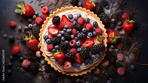 Fruit Tart Pie with Custard Filling in Golden Baked Crust - Topped with Fresh Fruits and Greenery - On Dark and Moody Vintage Backdrop - Generative AI