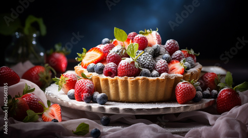 Fruit Tart Pie with Custard Filling in Golden Baked Crust - Topped with Fresh Fruits and Greenery - On Dark and Moody Vintage Backdrop - Generative AI