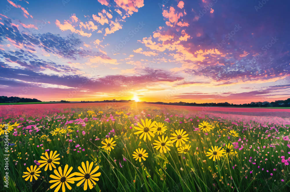 Vibrant sunset over a flower-filled meadow under a colorful sky created with Generative AI technology