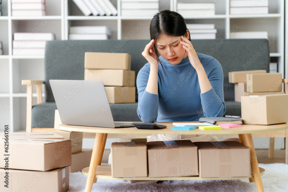 Successful Woman Entrepreneur With Parcel Boxes In Her Own Job Shopping Online Business At Home Successful Woman Entrepreneur With Parcel Boxes In Her Own Job Shopping Online Business At Home