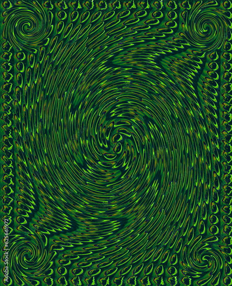 Drops of rich green and yellow, twisted into a spiral, four small spirals at the corners, psychedelic art, dynamics, fantasy, simple art, trance Drops of rich green and yellow, twisted into a spiral, four small spirals at the corners, psychedelic art, dynamics, fantasy, simple art, trance