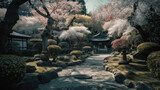 Sakura blossoms in japanese style ornamental garden, beautiful landscape.