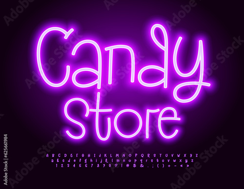 Vector glowing Signboard Candy Store. Funny electric Font. Neon handwritten Alphabet Letters and Numbers
