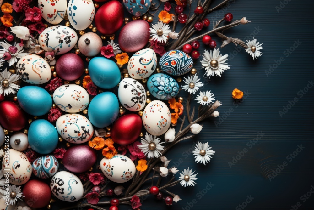 Elegant traditional spring decoration adorned with Easter eggs. Generative AI.