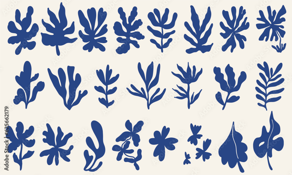 Set of hand drawn exotic jungle leaves, flowers and plants. Abstract ...