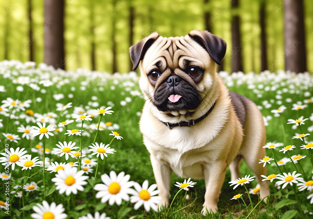 Cute pug in the spring forest with daisies. Generative AI