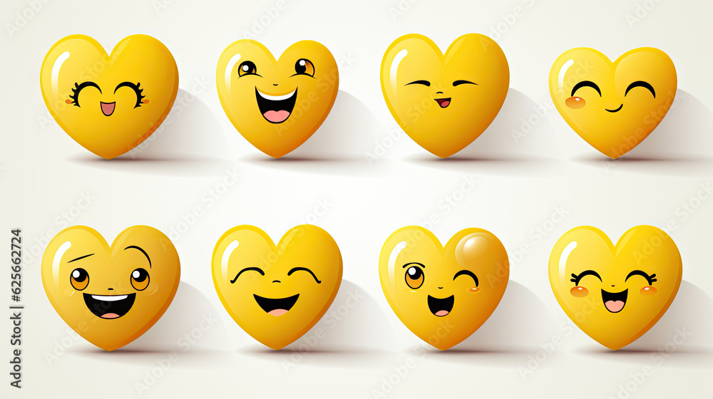 Fototapeta premium Set of cute yellow hearts with different emotions and expressions. Vector illustration. Generative AI.