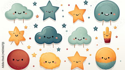 Set of cute kawaii clouds and stars. Vector illustration. Generative AI.