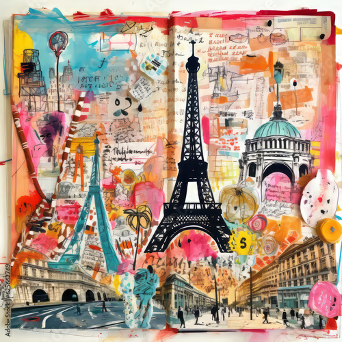 A page from a Paris travel drawing sketchbook and scrapbook.Generative AI
