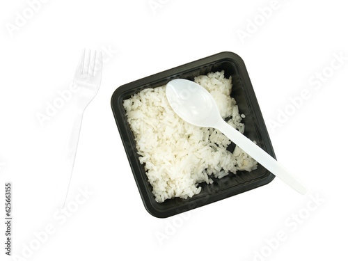 rice with plastic spoon in microwave safe containers and fork isolated on transparent