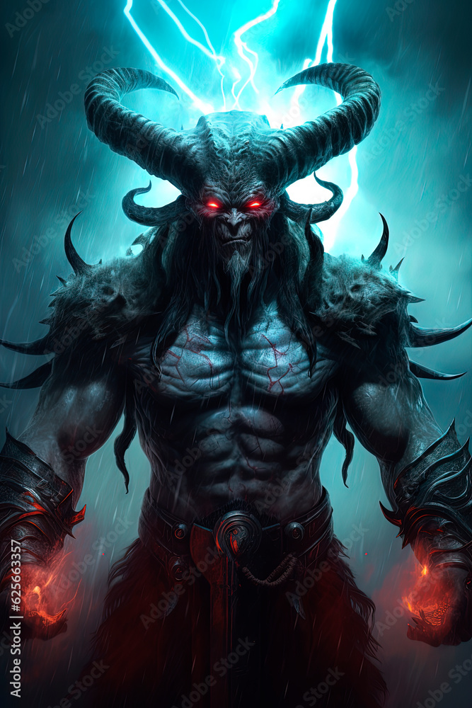 Demon with horns and glowing eyes standing against the rainy misty sky and lightning. Generative AI Demon with horns and glowing eyes standing against the rainy misty sky and lightning. Generative AI