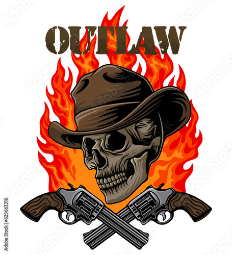 Cowboy skull with blazing fire and cross revolver
vector illustration. Vintage wild west cowboy skull. Retro cowboy skull design for t-shirt, poster, sticker, screen printing.