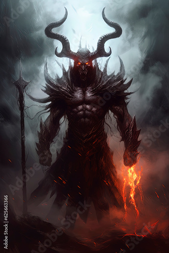 Demon with horns and glowing eyes standing against the rainy misty sky and lightning. Generative AI