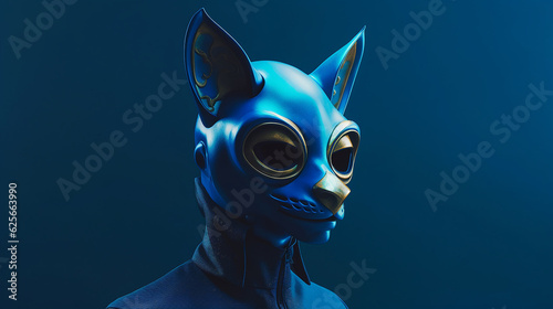 Blue catlike character creature, with blue background, headshot style. 