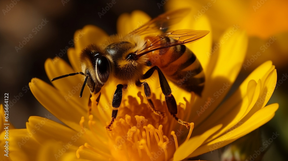 Bee and flower Close up of a large striped bee collects honey on a flower on a Sunny bright day. Generated Ai Bee and flower Close up of a large striped bee collects honey on a flower on a Sunny bright day. Generated Ai