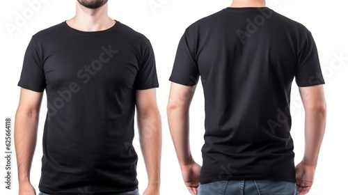 Man in a black t-shirt on white background, back and front views. Mockup for design. Isolated on white background. Generated Ai