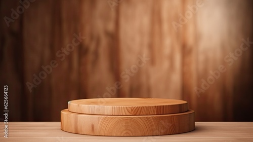 Wooden product podium on wooden background. 3d rendering mock up