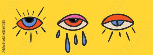 Clockwork illustration, sticker set, eyes. Funky, hippie style from the 60s. Vector flat bright hand drawn illustration.